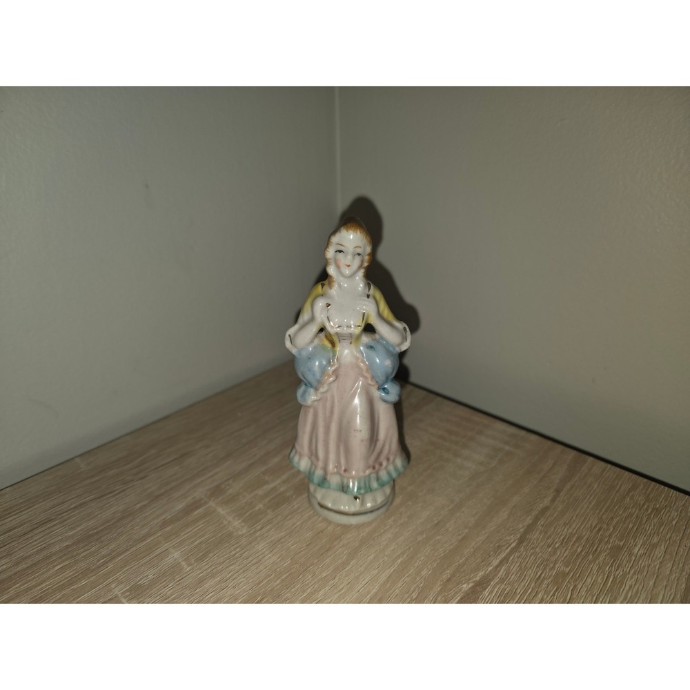 Vintage Hand Painted Porcelain Colonial Lady‎ Figurine Blue Pink Yellow Japan